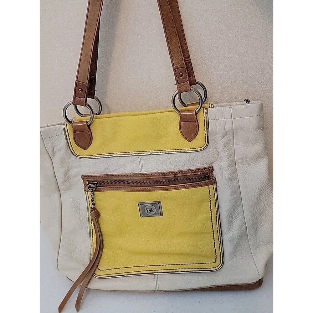 The Sak "Iris" Beige Brown Yellow Leather Hobo Boho Purse Bag 16"x12"x4"